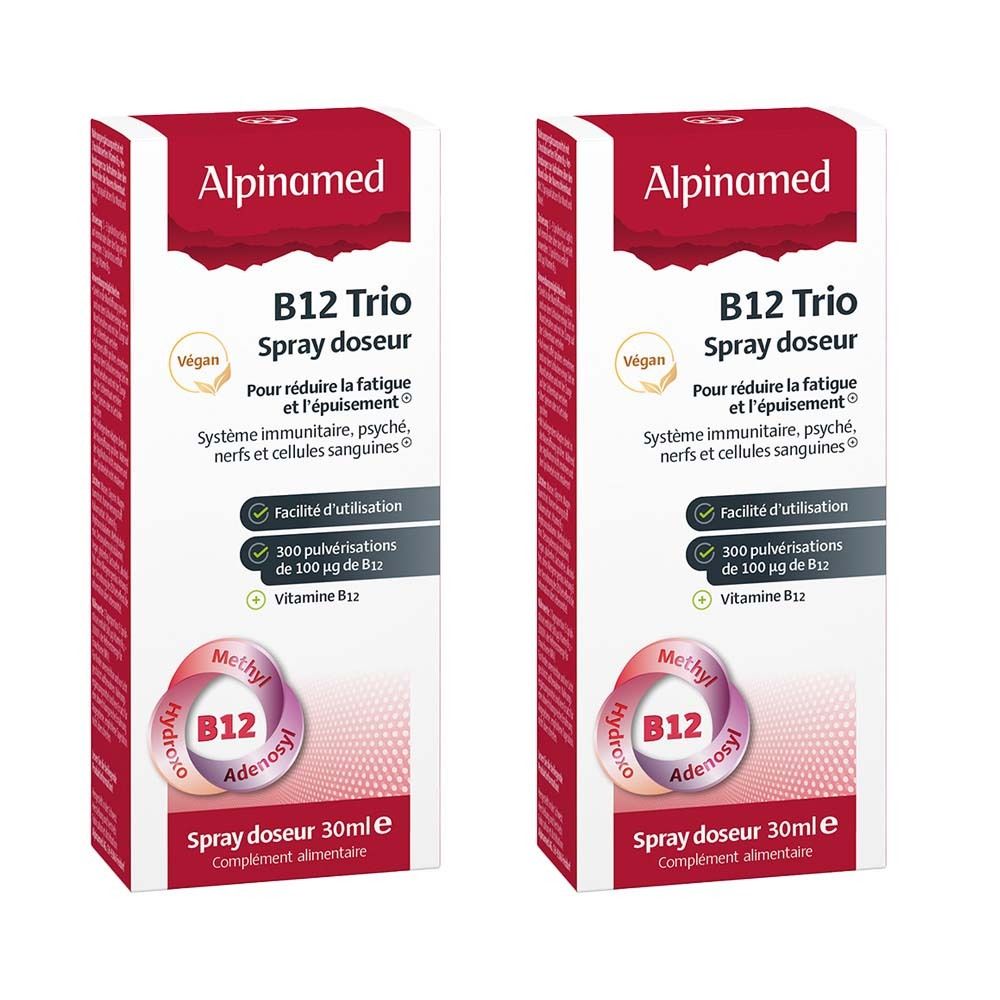 Deux boîtes de spray doseur Alpinamed B12 Trio. Boîtes blanches avec texte rouge et image du produit.