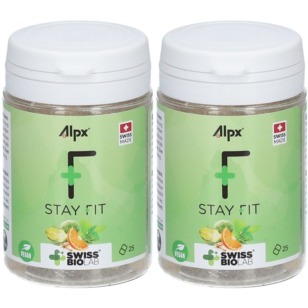 Deux boîtes avec couvercles blancs. Inscription : Alpx, Stay Fit, Swiss Made, Vegan. Illustration de fruits et légumes.