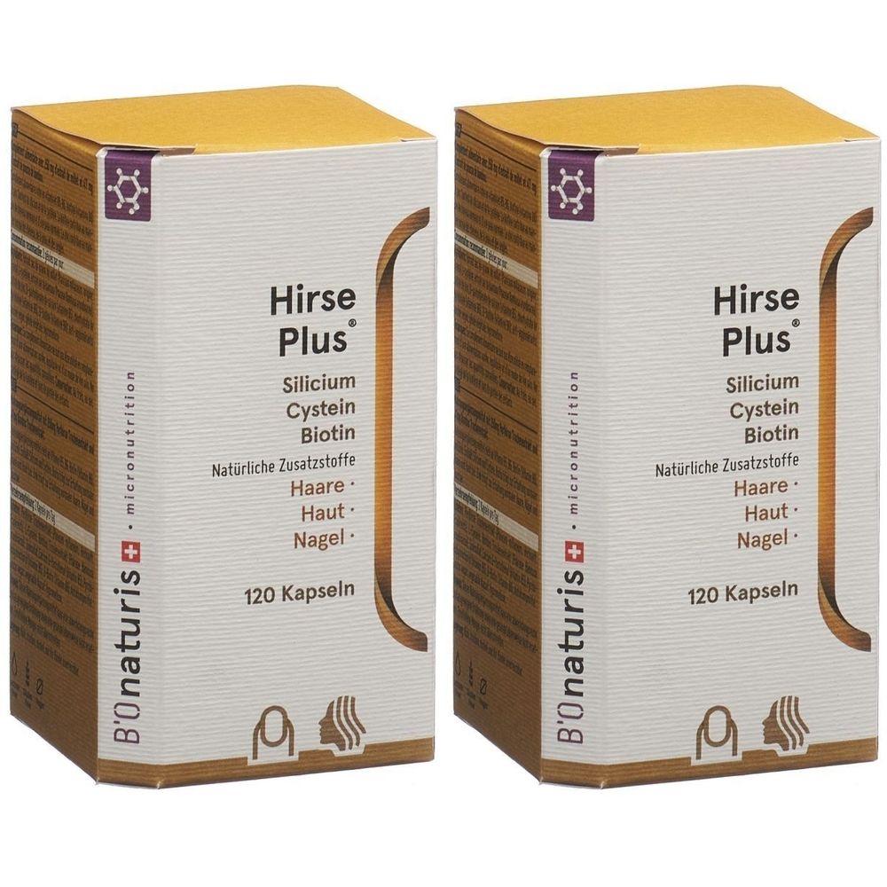 Deux boîtes de gélules "Hirse Plus". Inscription: Silicium, Cystéine, Biotine. 120 gélules. Marque: B'onaturis.