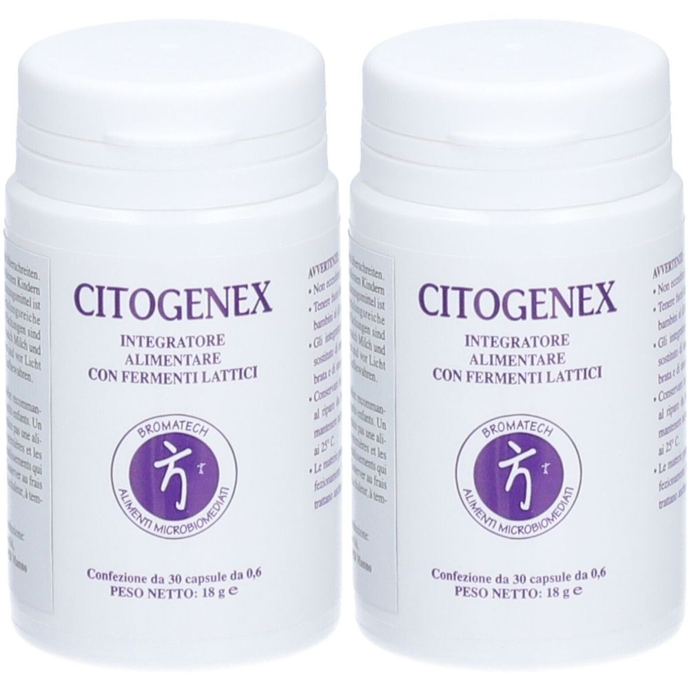 Deux flacons blancs avec l'étiquette CITOGENEX. Inscription: Integratore Alimentare con Fermenti Lattici. Logo Bromatech.