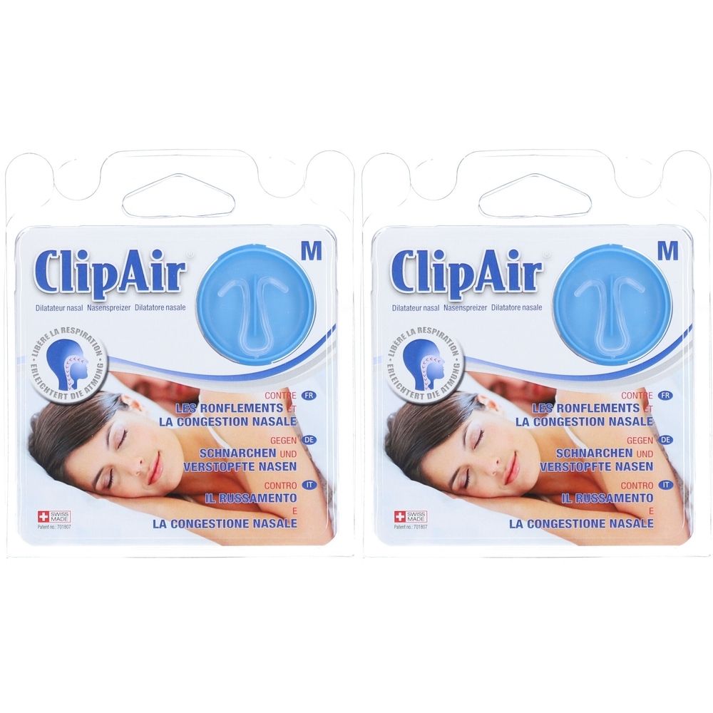 Deux emballages de dilatateurs nasaux. Clips nasaux bleus en blister. Inscription : ClipAir, M, contre le ronflement et le nez bouché.