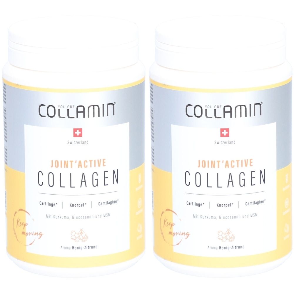 Deux contenants blancs avec l'inscription COLLAMIN Joint'Active Collagen. Croix suisse et texte. Fond jaune.