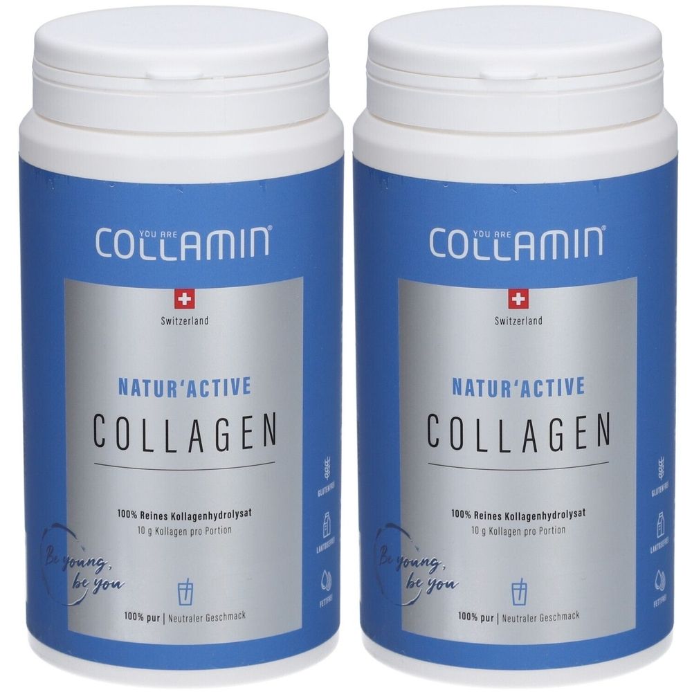 Deux boîtes bleues avec couvercles blancs. Inscription: COLLAMIN Natur'Active Collagen. Croix suisse. 100% hydrolysat de collagène pur.
