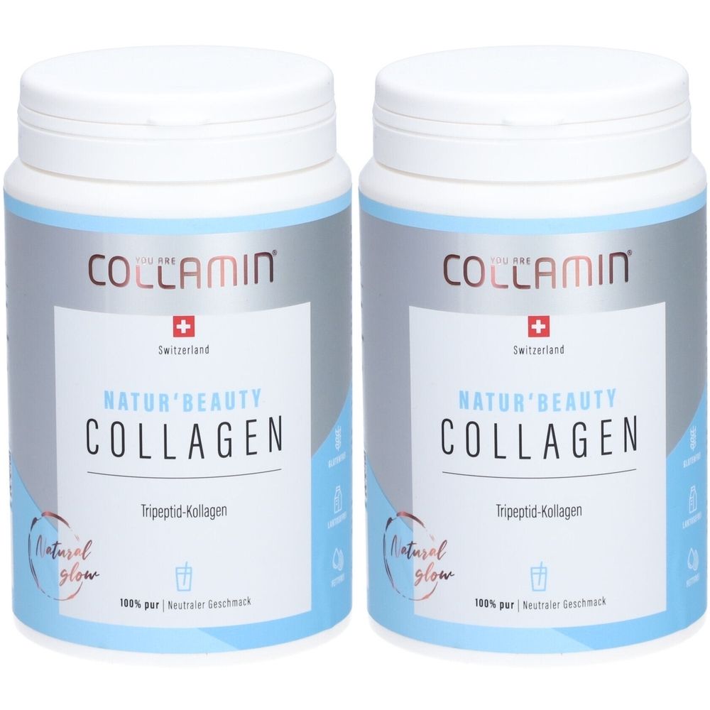 Deux boîtes de COLLAMIN Natur'Beauty Collagène. Couvercles blancs, boîtes grises avec étiquette bleue. Croix suisse et texte.