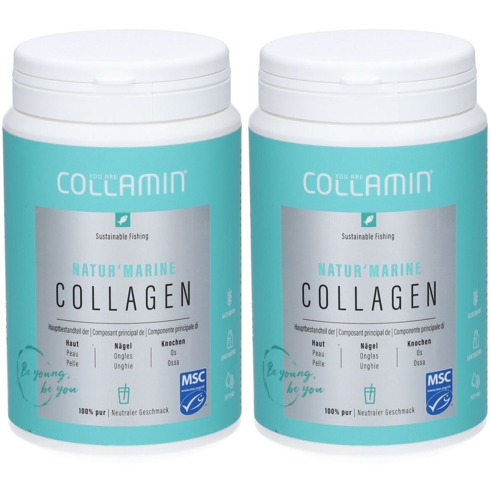 Deux boîtes cylindriques blanches. Inscription: COLLAMIN Natur'Marine Collagen. Certification MSC.