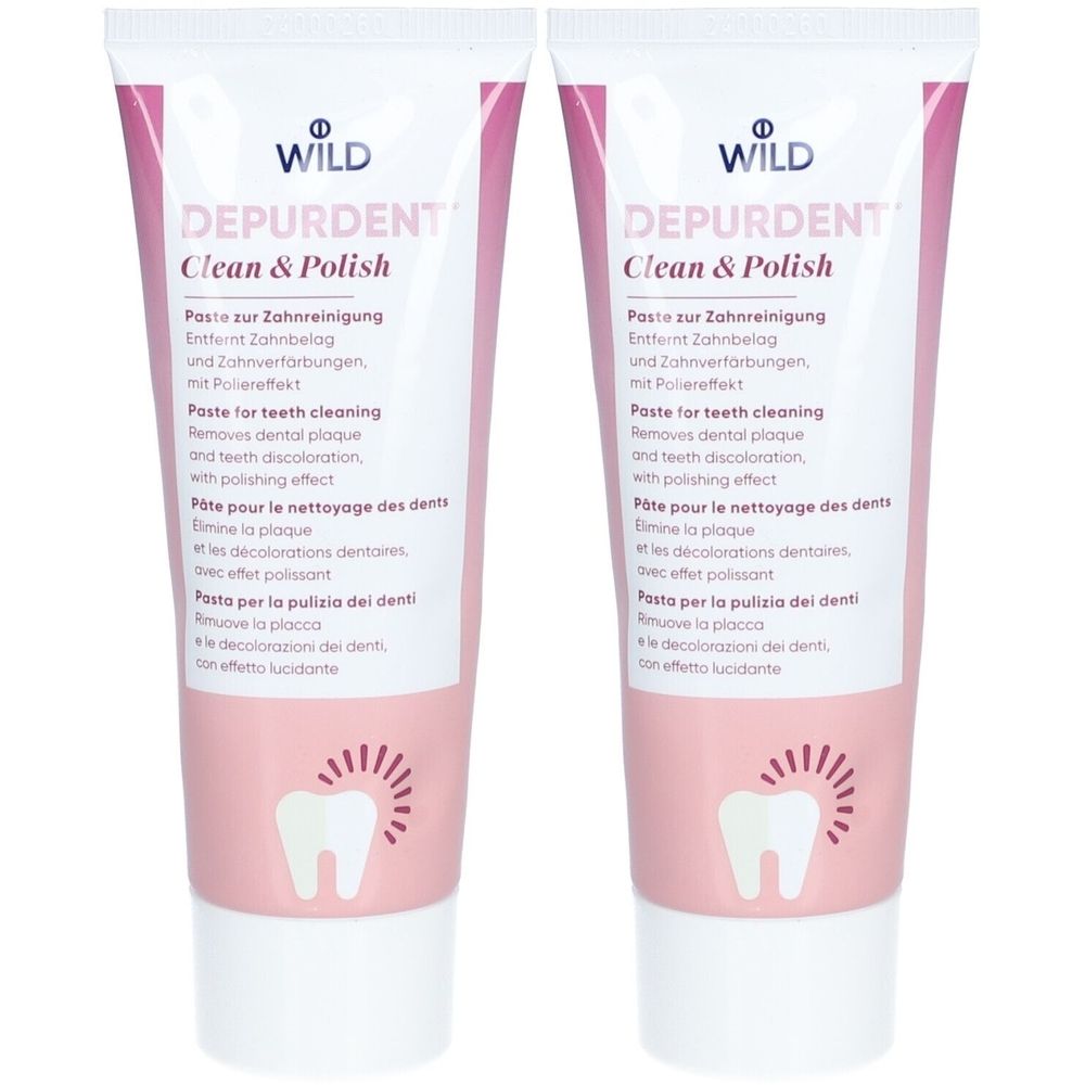Deux tubes de dentifrice. Emballage rose et blanc avec nom du produit et texte en allemand, anglais, français et italien. Symbole de dent.