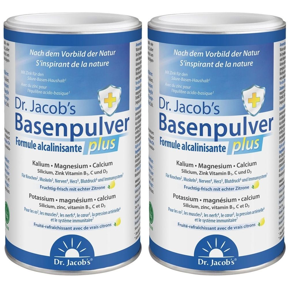 Deux boîtes de Dr. Jacob's Basenpulver Plus. Emballage bleu et blanc avec informations et logo.