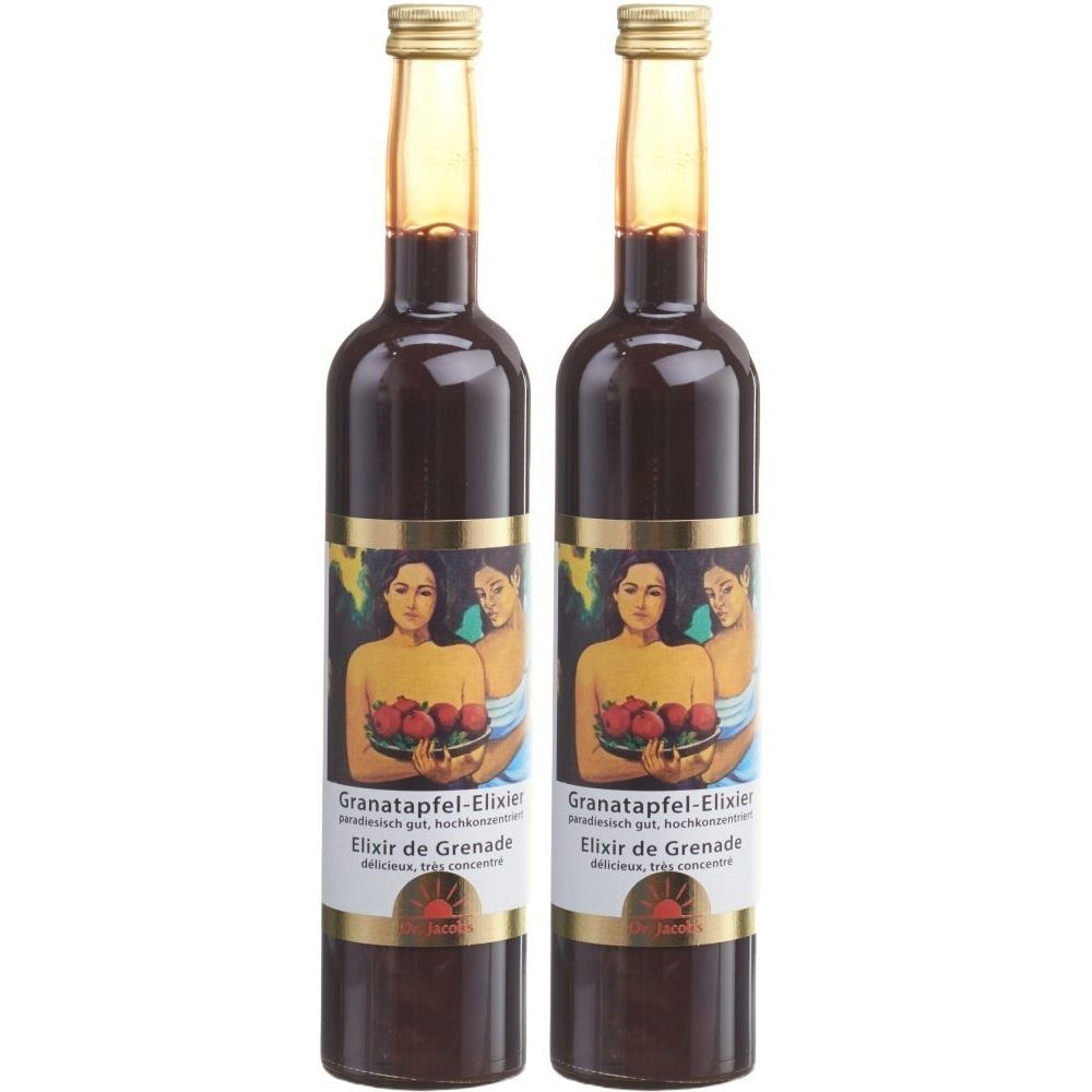 Deux bouteilles d'élixir de grenade. Étiquette avec des femmes et des grenades. Bouchon doré.