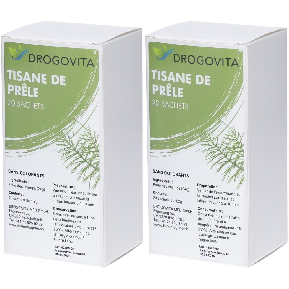 Deux boîtes blanches avec étiquettes vertes. Inscription: Drogovita Tisane de Prêle, 20 sachets. Sans colorants.