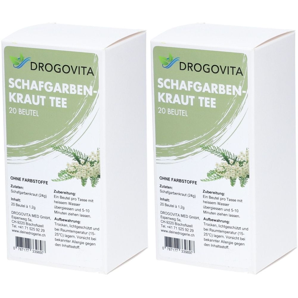 Deux boîtes blanches avec des étiquettes vertes. Inscription : Drogovita Schafgarben-Kraut Tee, 20 sachets. Sans colorants.