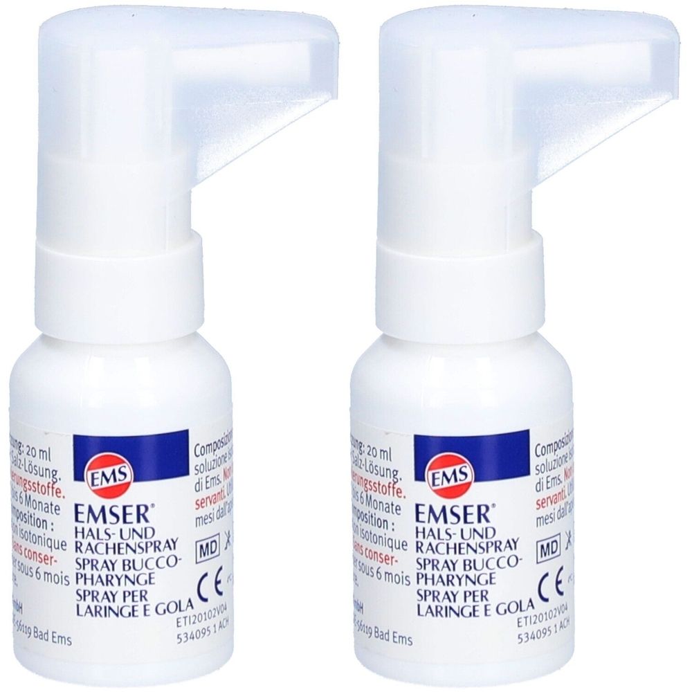 Deux flacons blancs avec vaporisateur. Inscription: EMSER Spray pour la gorge et le pharynx. Marque CE.
