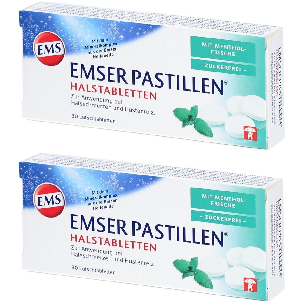 Deux boîtes d'Emser Pastillen. Inscription : pastilles pour la gorge, sans sucre, fraîcheur mentholée. 30 pastilles. Logo : EMS.