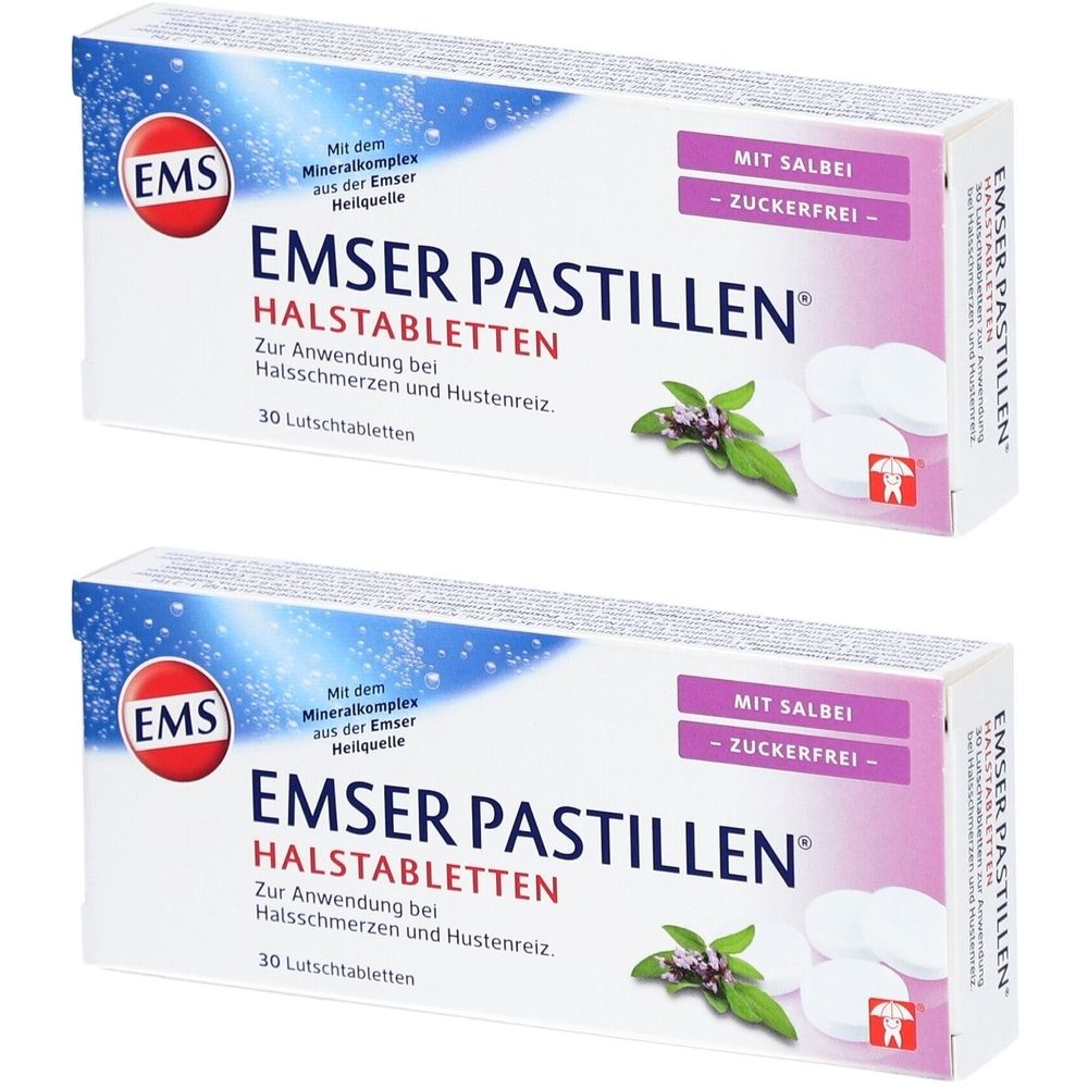 Deux boîtes de pastilles Emser. Boîtes blanches avec nom du produit, ajout de sauge et 30 pastilles. Logo : EMS.