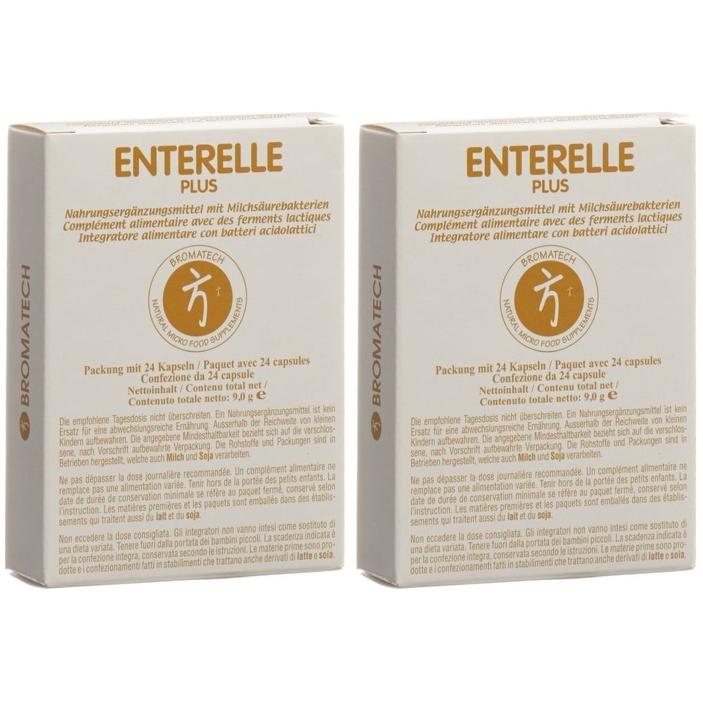 Deux boîtes rectangulaires avec "ENTERELLE PLUS". Texte en allemand, français et italien. Logo avec le nom BROMATECH.