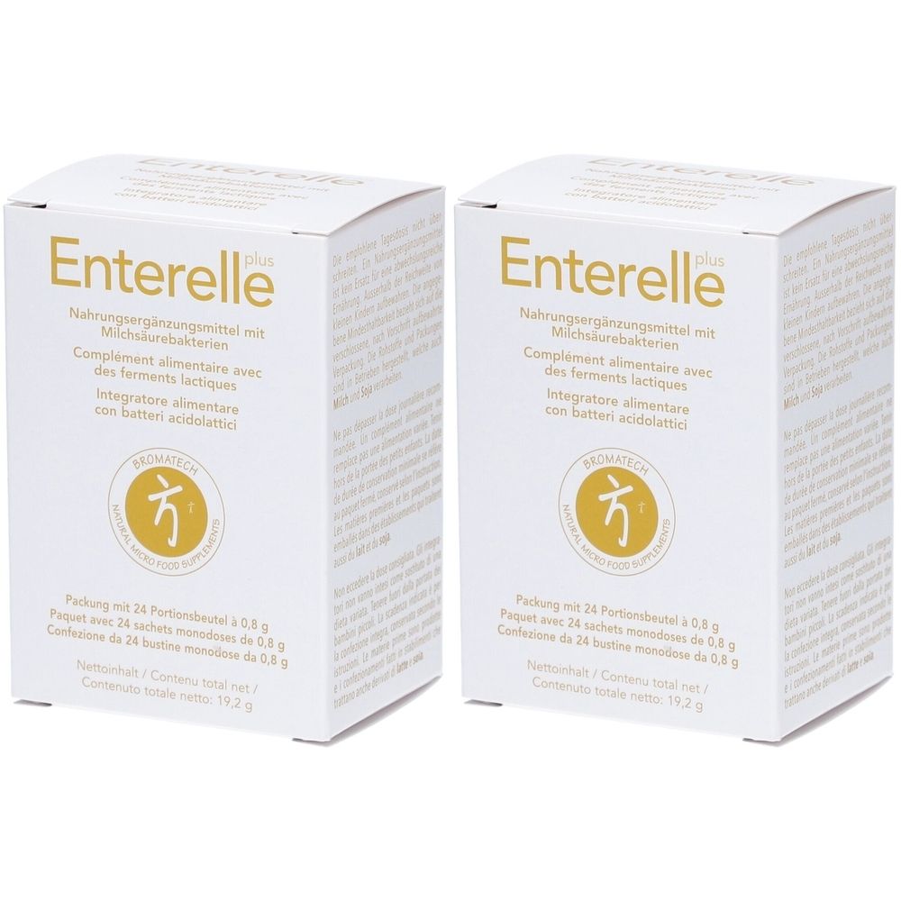 Deux boîtes blanches avec l'inscription dorée Enterelle plus. Texte en allemand, français et italien. Logo avec cercle jaune.