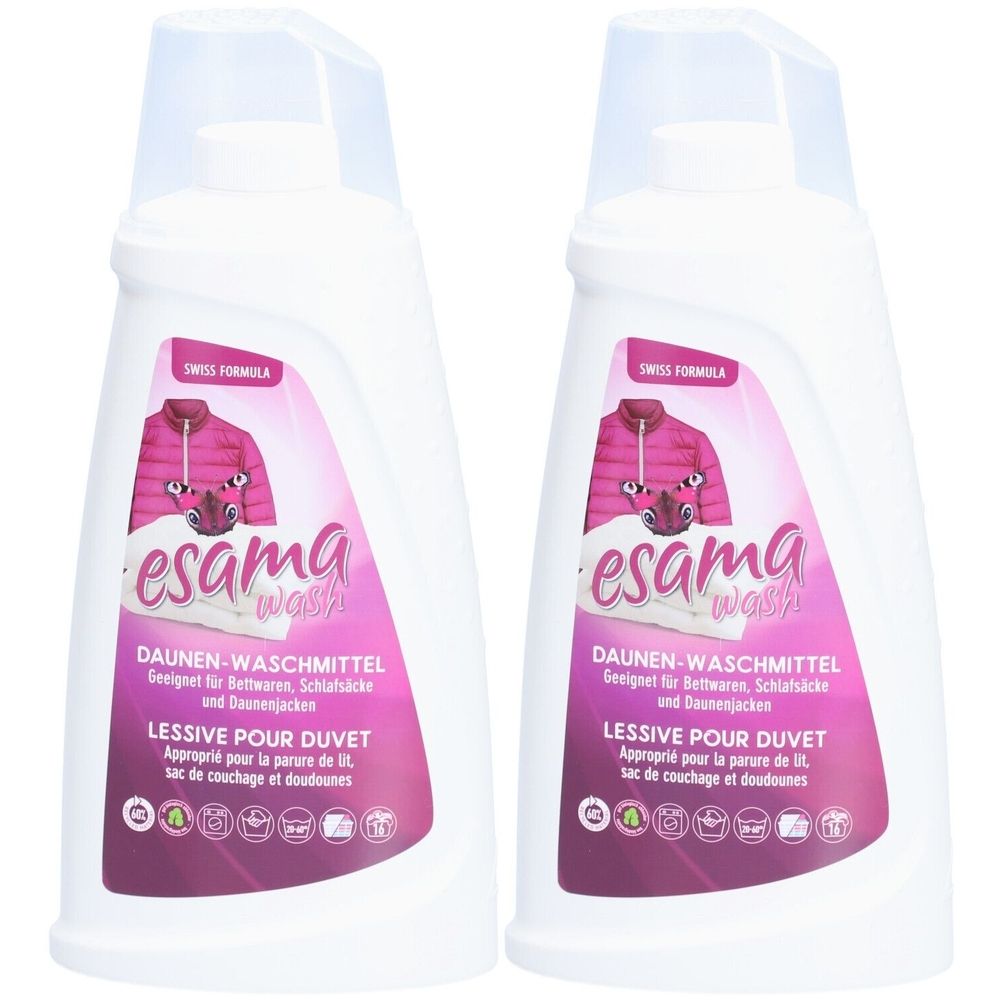 Deux bouteilles de lessive ESAMA Wash. Bouteilles blanches avec étiquette rose. Texte: Lessive pour duvet, Swiss Formula, convient pour la literie.