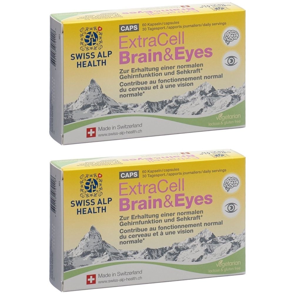 Deux boîtes de Swiss Alp Health ExtraCell Brain&Eyes. Emballage jaune avec nom du produit, logo et croix suisse.