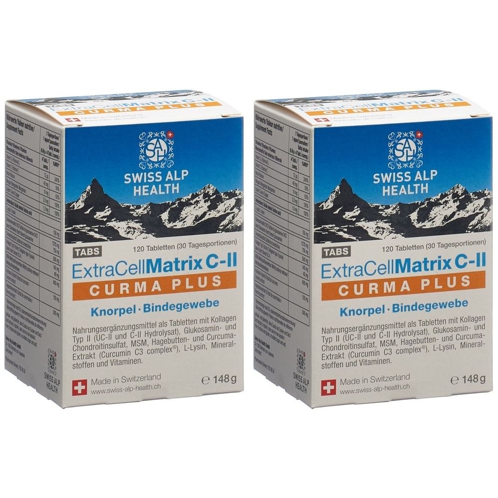 Deux boîtes de ExtraCellMatrix C-II Curma Plus. Emballage bleu et blanc avec nom du produit et logo de la marque.
