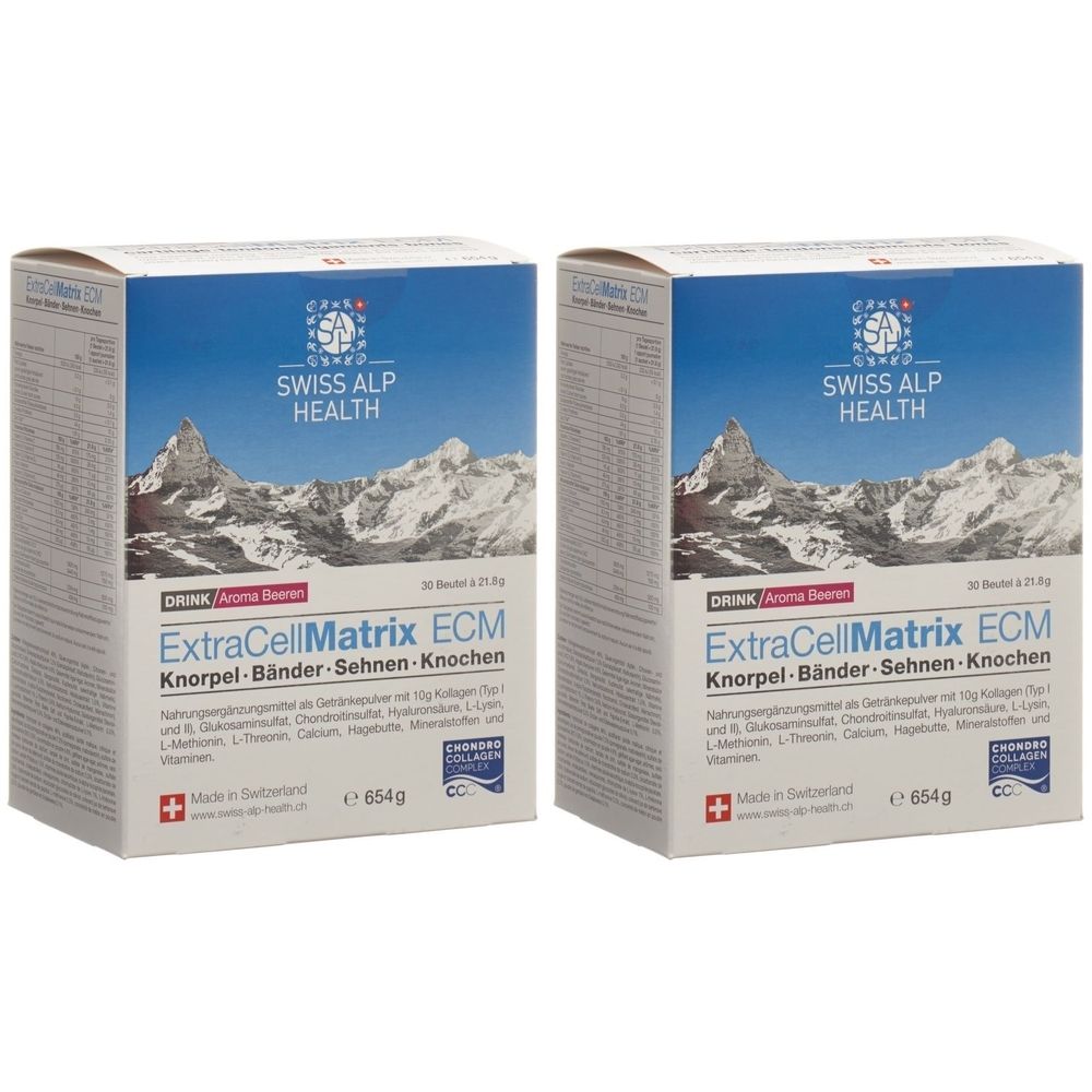 Deux boîtes rectangulaires avec informations produit. Inscription: ExtraCellMatrix ECM, Cartilage-Ligaments-Tendons-Os. Marque: Swiss Alp Health.