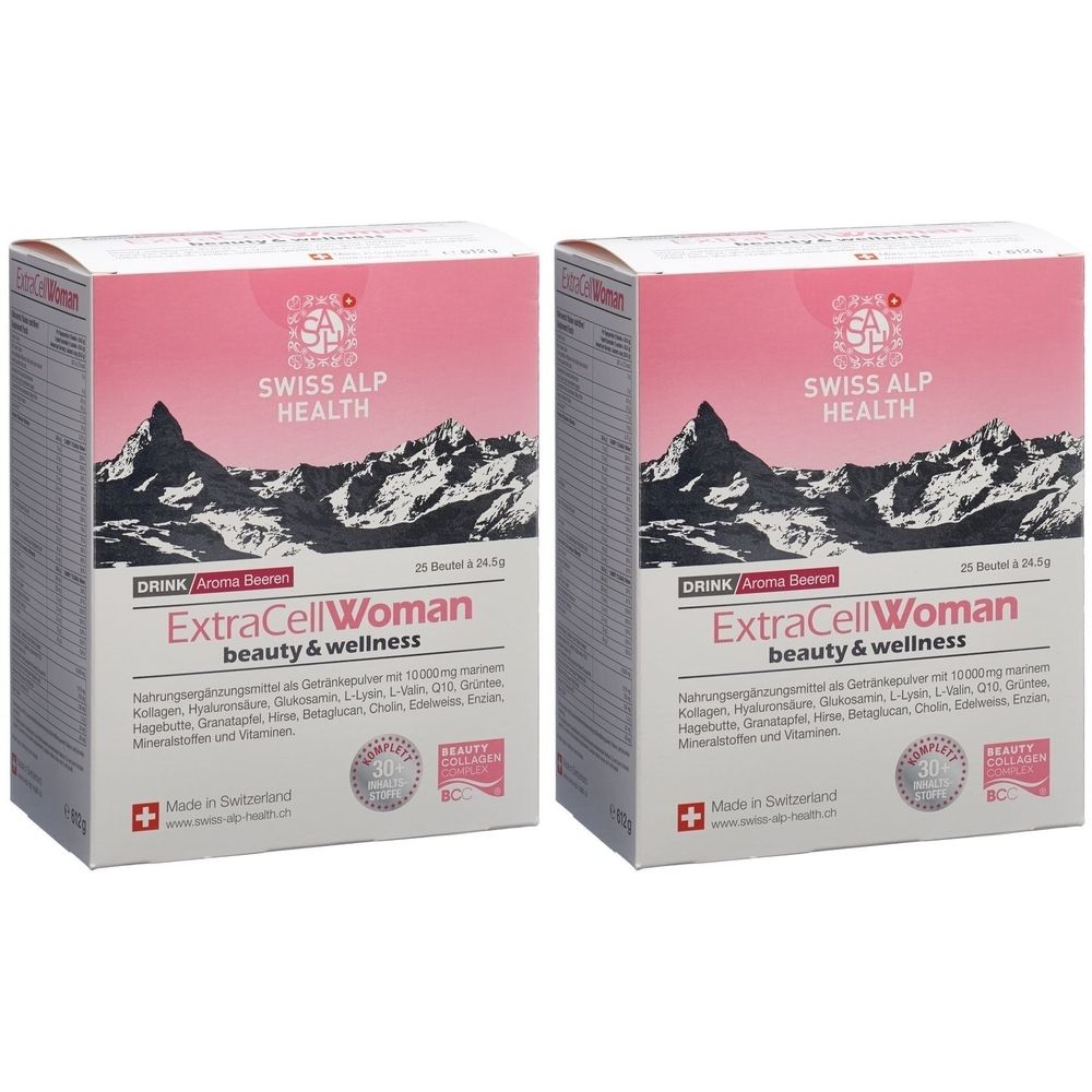 Deux boîtes de "ExtraCellWoman beauty & wellness". Design rose et blanc avec motif de montagne et texte. Logo "Swiss Alp Health".