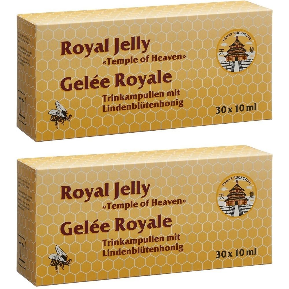 Deux boîtes de "Royal Jelly" et "Gelée Royale". Inscription : Trinkampullen mit Lindenblütenhonig. 30 x 10 ml. Logo avec temple.