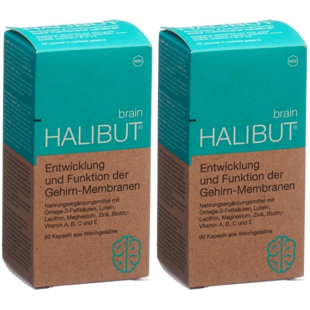 Deux boîtes HALIBUT. Inscription : Développement et fonction des membranes cérébrales. Complément alimentaire. 90 gélules.