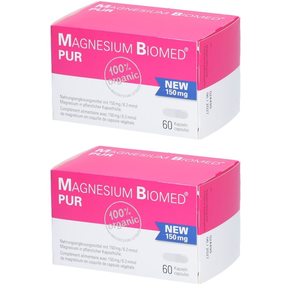 Deux boîtes roses "MAGNESIUM BIOMED PUR". Inscription "100% organic" et "NEW 150mg". Chaque boîte contient 60 capsules.