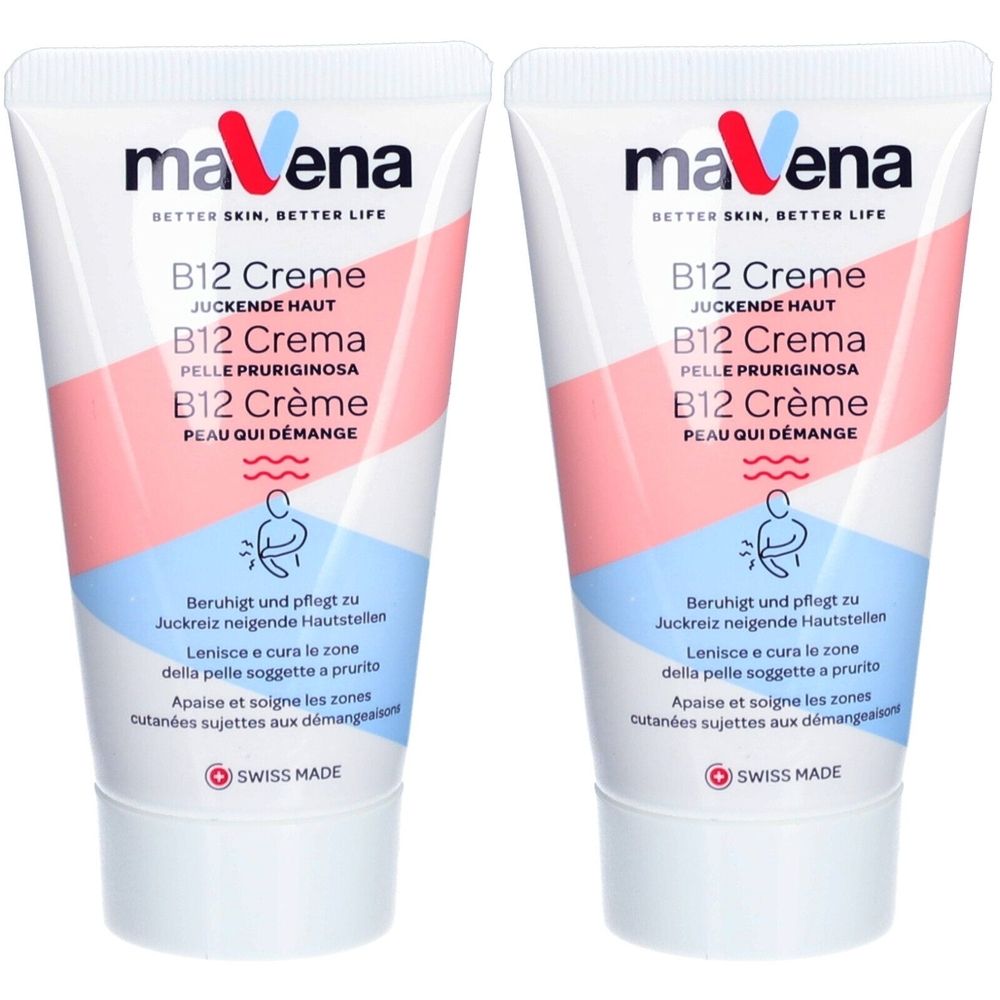Deux tubes de crème "mavena B12 Crème". Inscriptions en plusieurs langues. Logo "Swiss Made".