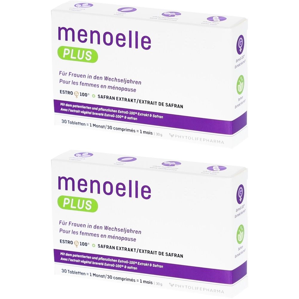 Deux boîtes blanches "menoelle PLUS". Texte en allemand et français. Inscription "SAFRAN EXTRAKT". Contient 30 comprimés.