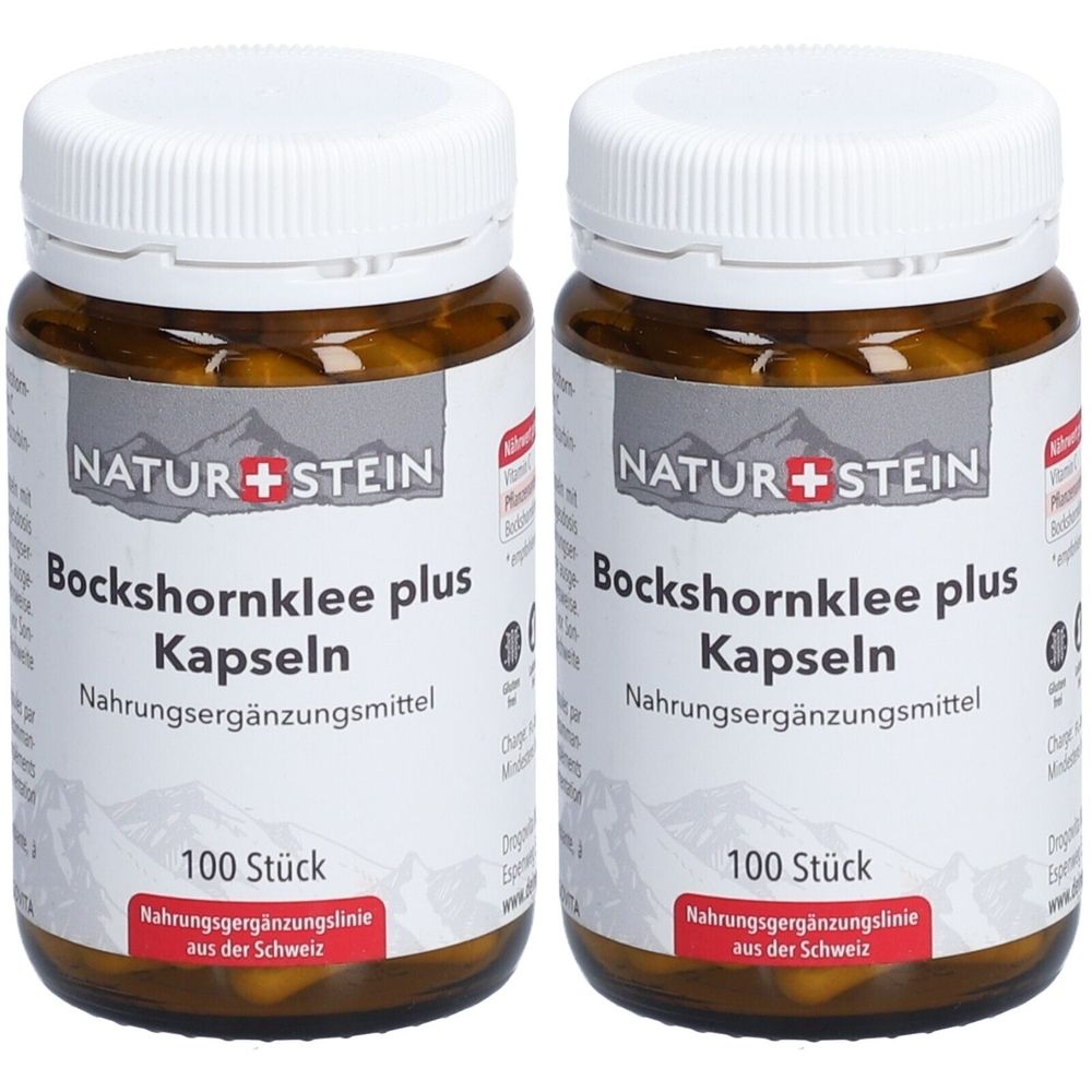 Deux flacons de gélules. Inscription : NATUR+STEIN Bockshornklee plus Kapseln, 100 pièces. Complément alimentaire.