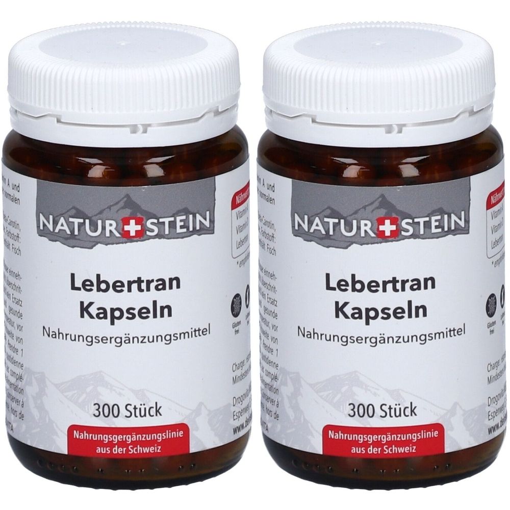 Deux flacons bruns avec des couvercles blancs. Les étiquettes indiquent "NATUR+STEIN Lebertran Kapseln". 300 pièces. Complément alimentaire.