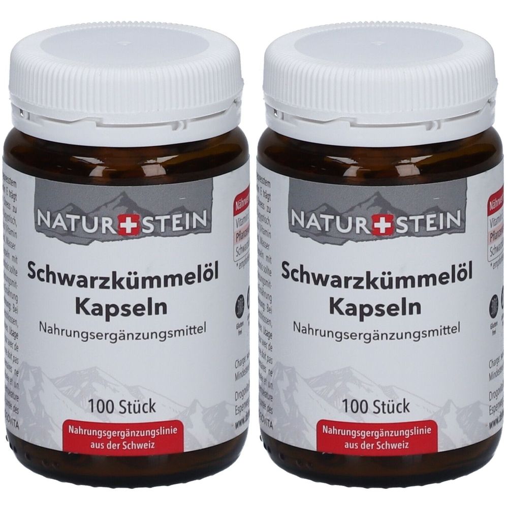 Deux flacons bruns avec des couvercles blancs. Étiquettes : "NATUR+STEIN Schwarzkümmelöl Kapseln". Texte : "100 Stück".