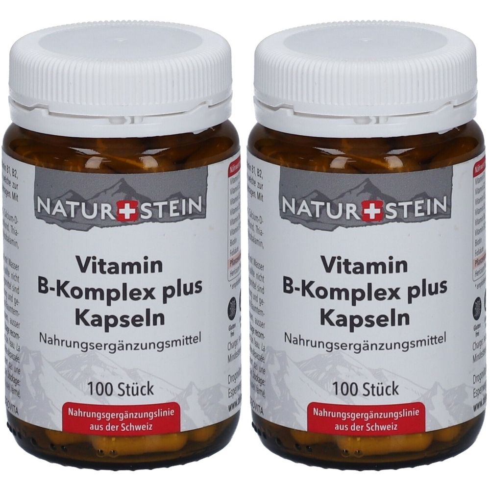 Deux flacons de NATURSTEIN Vitamin B-Komplex plus Kapseln. Bouchons blancs, flacons bruns, étiquettes avec informations et logo.