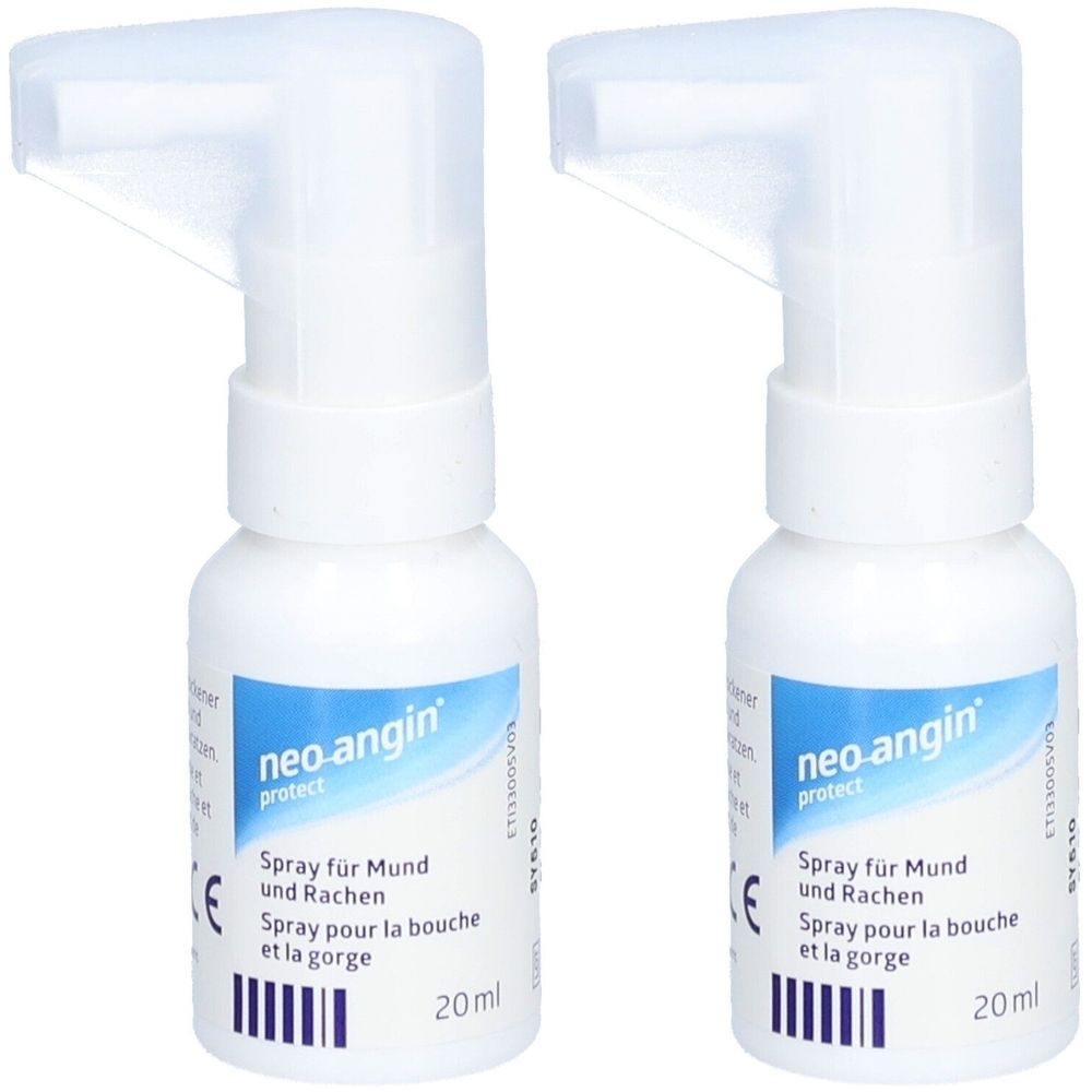 Deux flacons de spray blancs avec étiquette bleue. Inscription : neo-angin protect, Spray pour la bouche et la gorge, 20 ml.