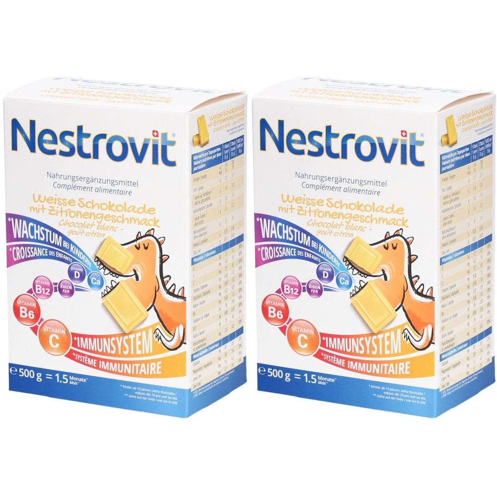 Deux boîtes Nestrovit, complément alimentaire. Inscription : Chocolat blanc au goût de citron, croissance, système immunitaire. Illustration : Dino avec barre chocolatée.