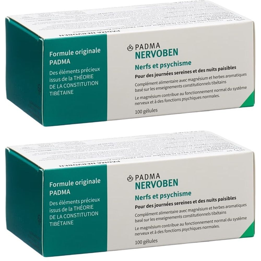 Deux boîtes de PADMA Nervoben. Inscription : Nerfs et psychisme. Complément alimentaire avec magnésium et herbes. 100 gélules.