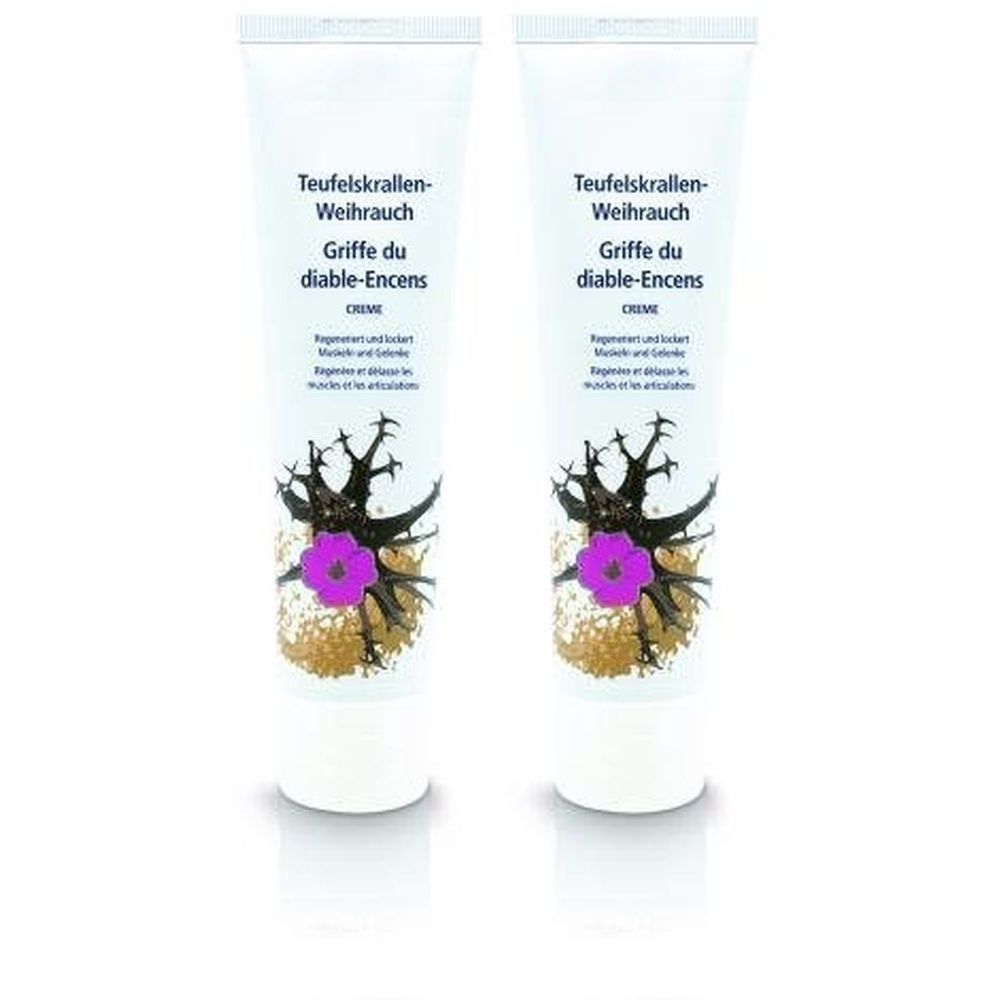 Deux tubes de crème. Inscription: Teufelskralle-Weihrauch, Griffe du diable-Encens. Illustration d'une fleur et de racines.