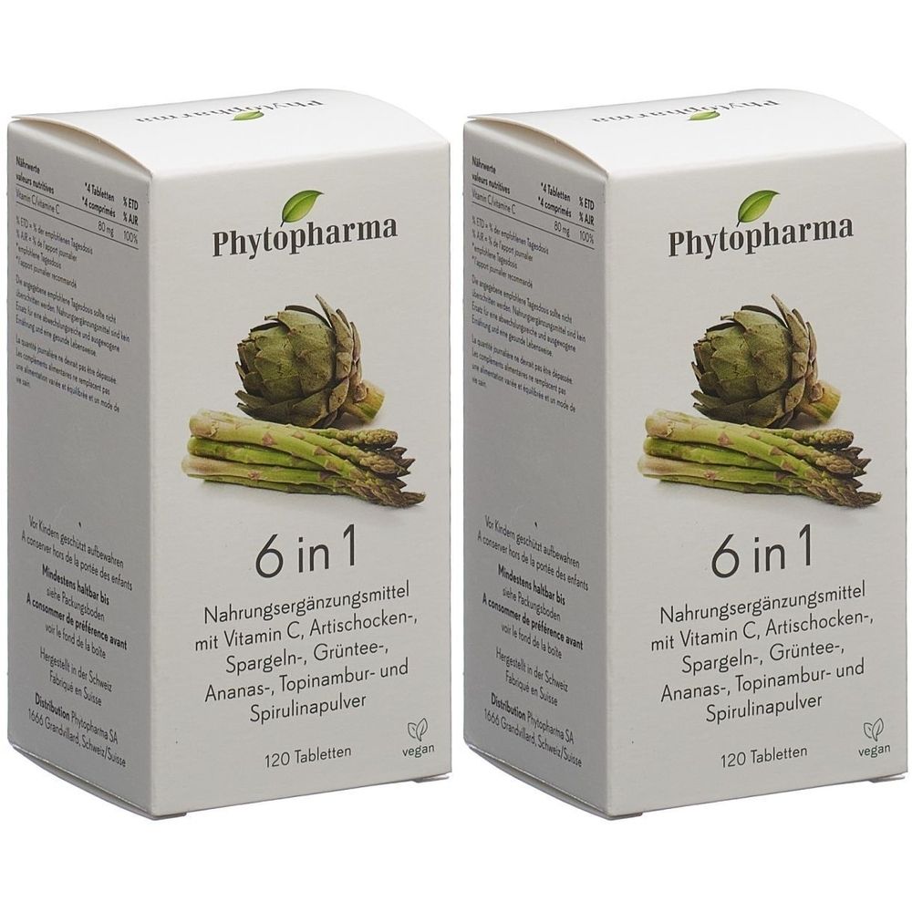 Deux boîtes blanches "Phytopharma 6 in 1". Illustration d'artichaut et asperges. Texte: Complément alimentaire, 120 comprimés.