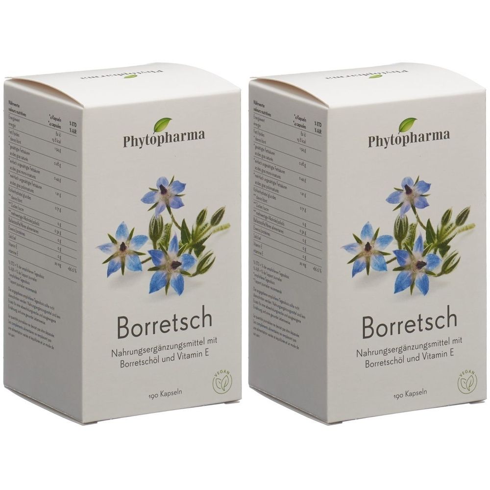 Deux boîtes blanches avec "Phytopharma" et "Borretsch". Illustration de fleurs bleues. Texte : Complément alimentaire avec huile de bourrache et vitamine E.