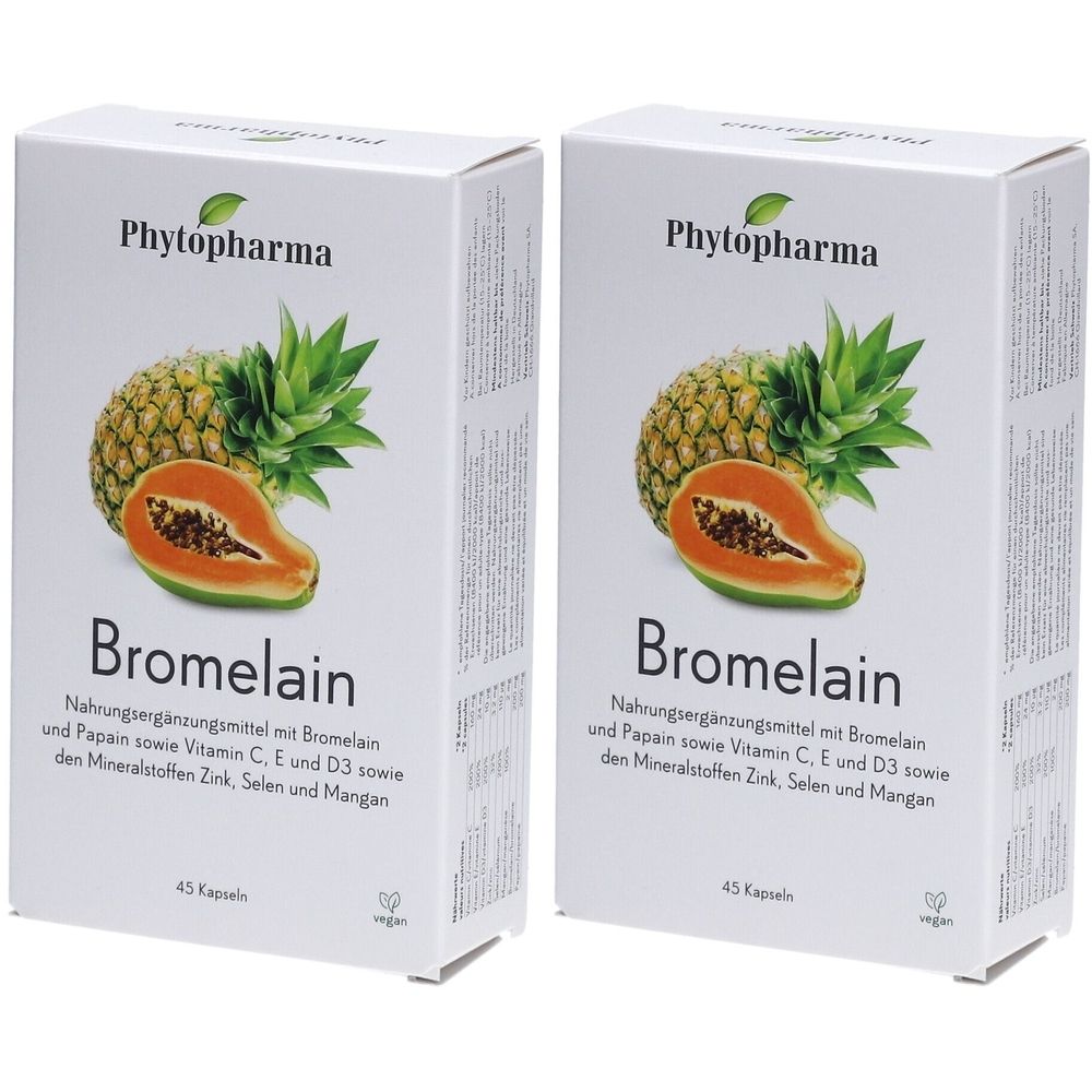 Deux boîtes blanches "Phytopharma Bromelain". Illustration d'ananas et de papaye. Texte : Complément alimentaire, 45 gélules.