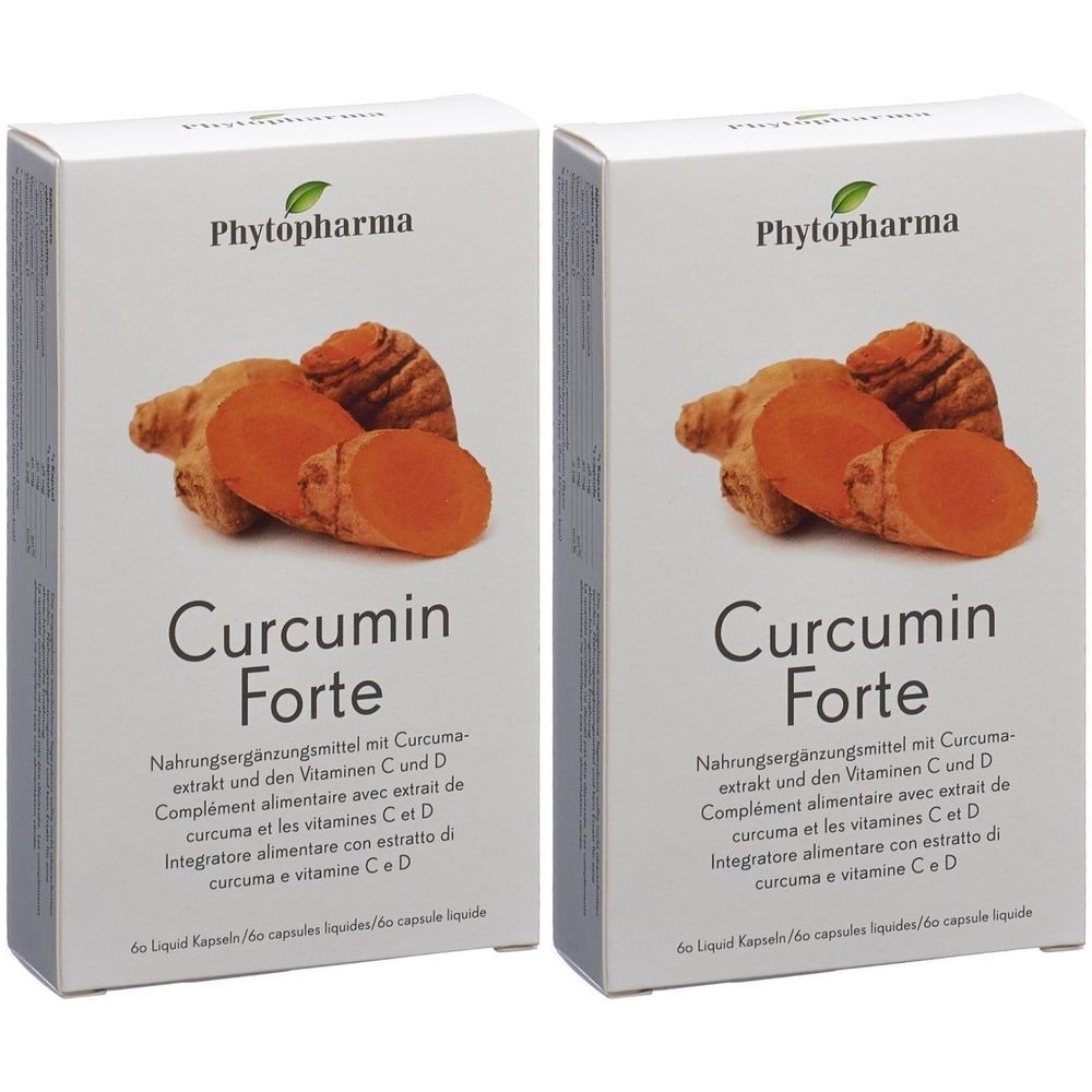 Deux boîtes blanches avec le nom du produit Curcumin Forte. Illustration de racines de curcuma. Texte en allemand, français et italien.