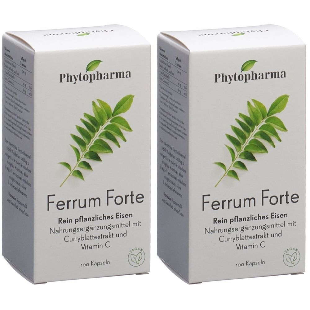 Deux boîtes blanches "Phytopharma Ferrum Forte". Inscription : "Fer végétal pur", "100 gélules", feuille verte.