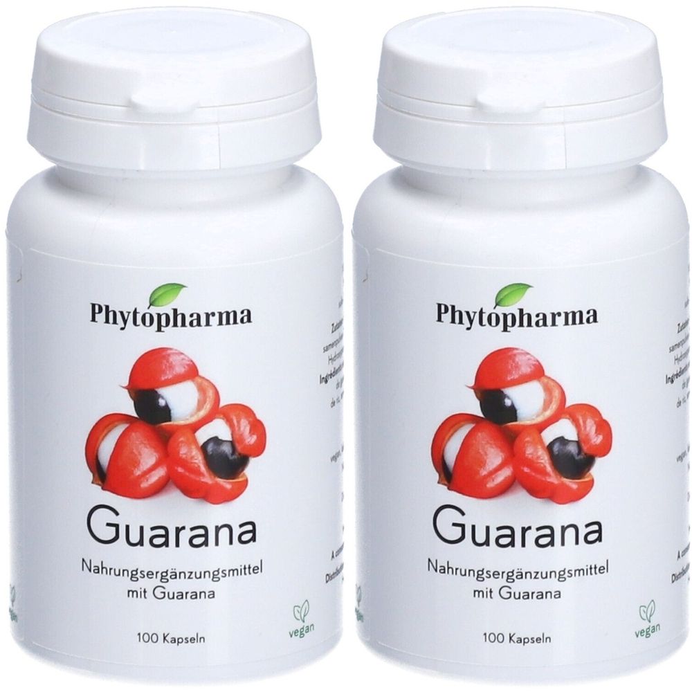 Deux flacons blancs avec bouchons à vis. Sur chaque flacon, le logo Phytopharma, une image de fruits de guarana et le mot "Guarana" sont visibles.