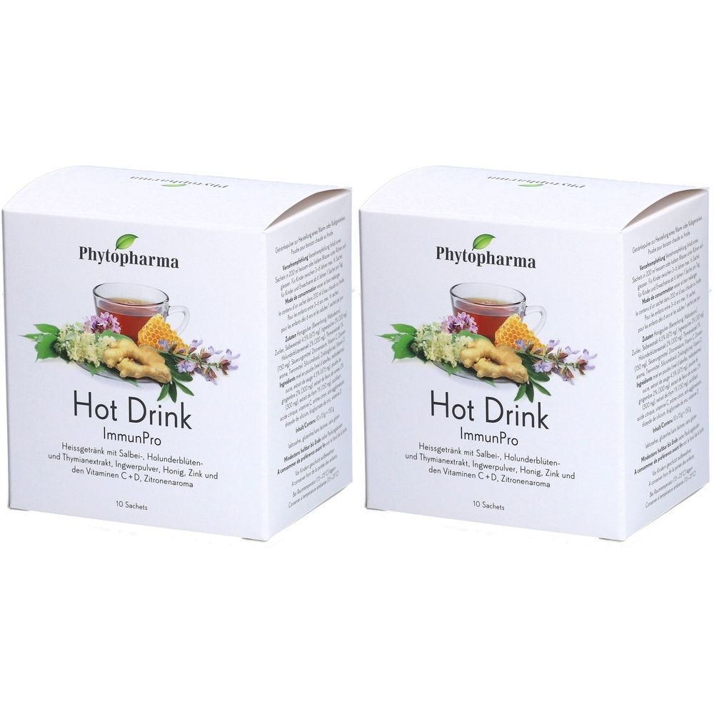 Deux boîtes blanches avec image et texte. Inscription: Phytopharma, Hot Drink ImmunPro. 10 sachets.