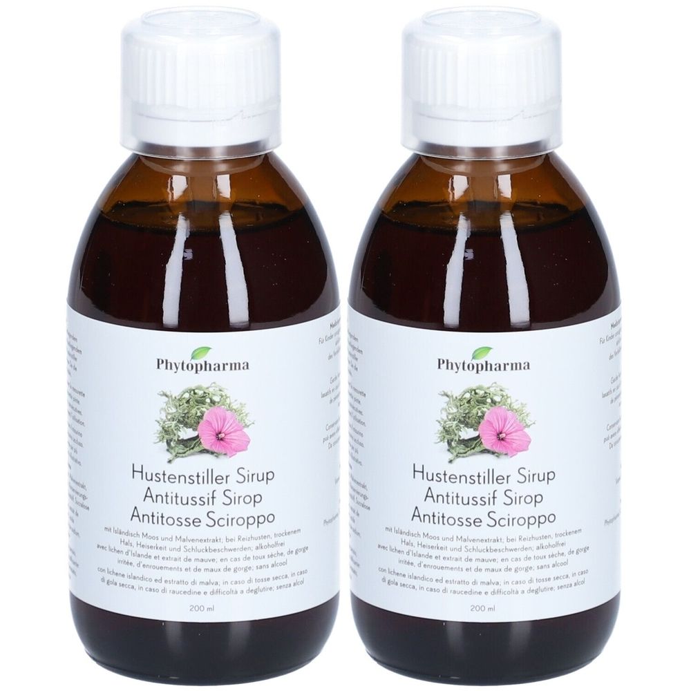 Deux flacons de sirop contre la toux. Flacons en verre brun avec bouchon blanc et étiquette. Inscription : Phytopharma, Hustenstiller Sirup, Antitussif Sirop, Antitosse Sciroppo.