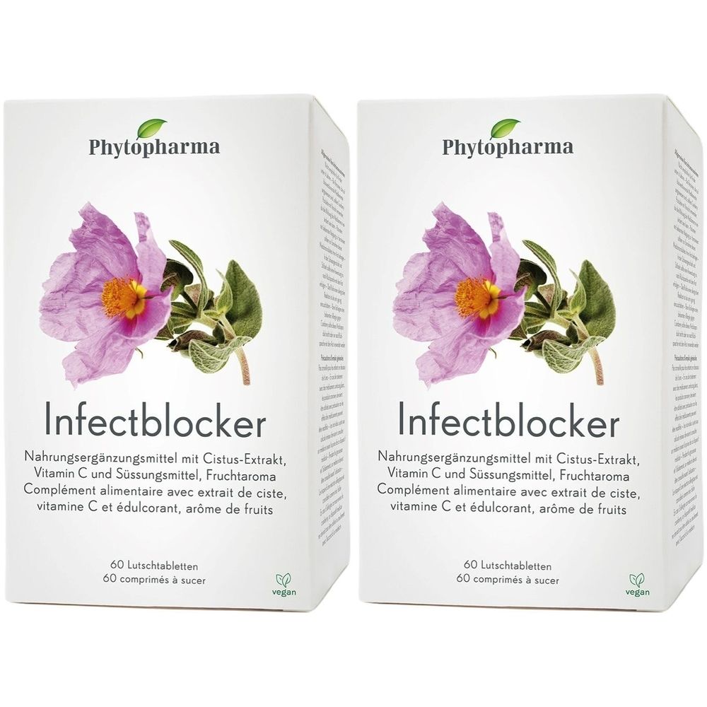 Deux boîtes blanches avec "Phytopharma" et "Infectblocker". Illustration florale. Texte : Complément alimentaire, 60 comprimés à sucer.