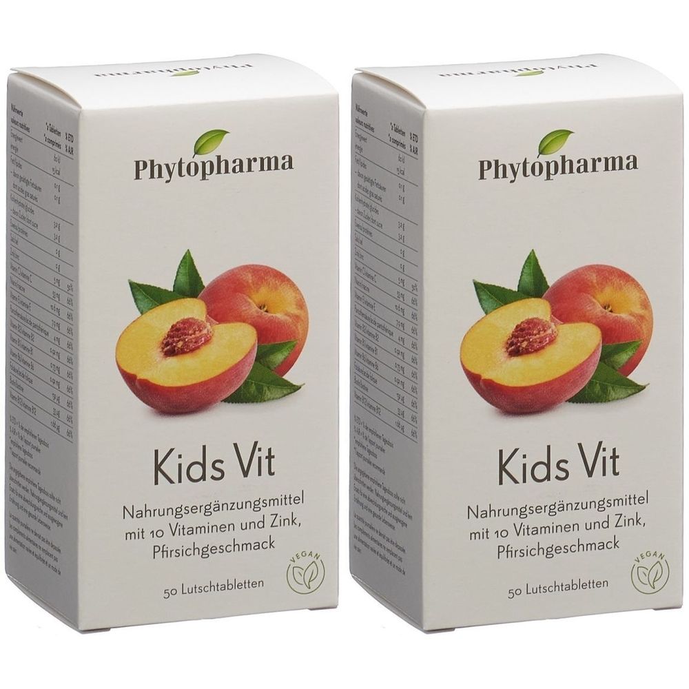 Deux boîtes blanches avec illustration et texte. Inscription : Phytopharma, Kids Vit, goût pêche, 50 comprimés à sucer.