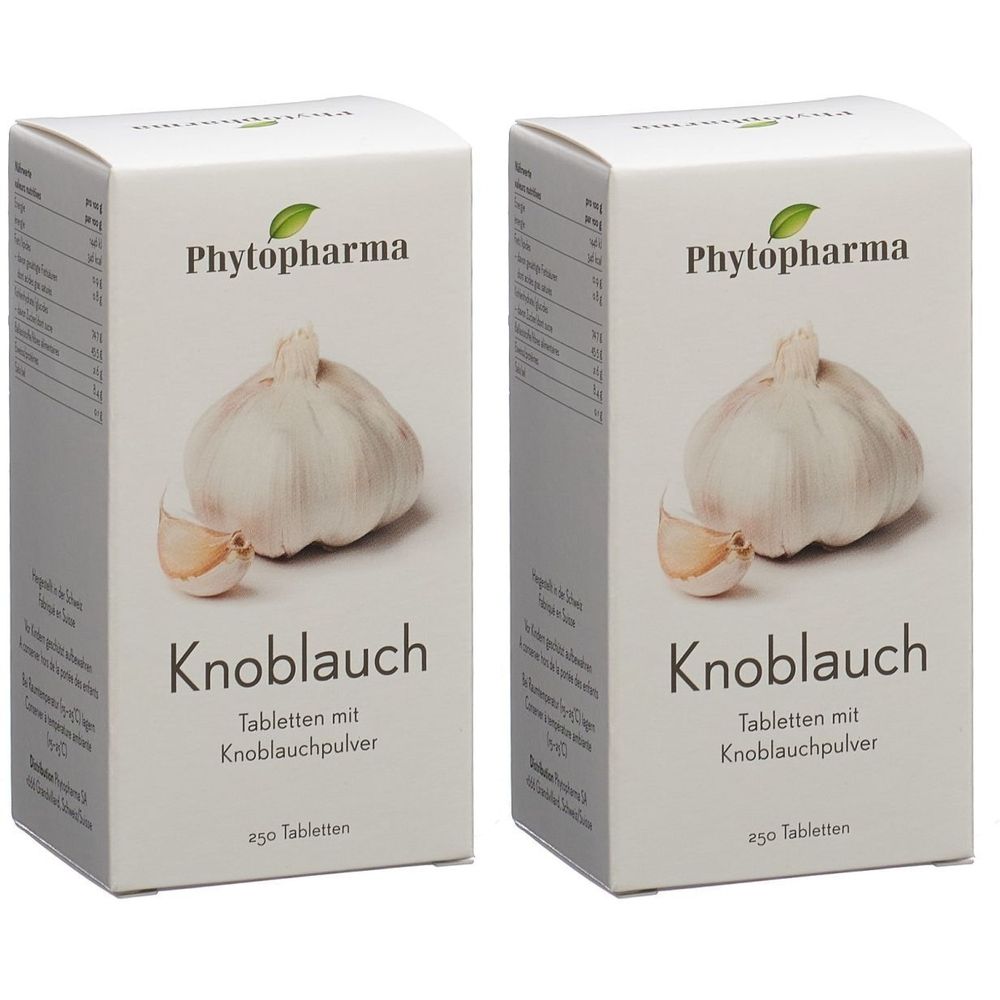 Deux boîtes blanches avec image d'ail. Inscription : Phytopharma, Knoblauch Tabletten mit Knoblauchpulver.