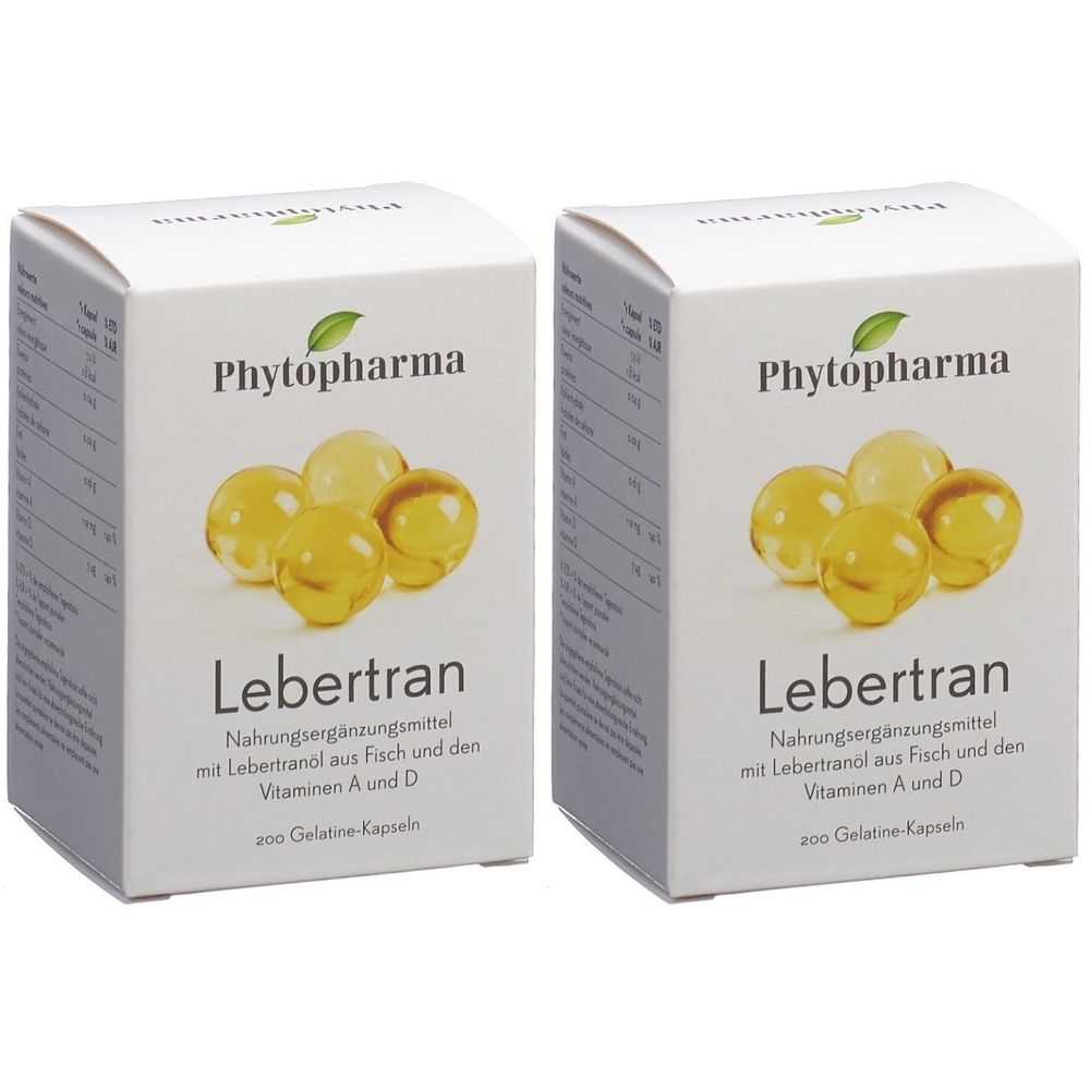 Deux boîtes blanches avec des capsules jaunes. Inscription : Phytopharma, Lebertran, complément alimentaire. 200 gélules.