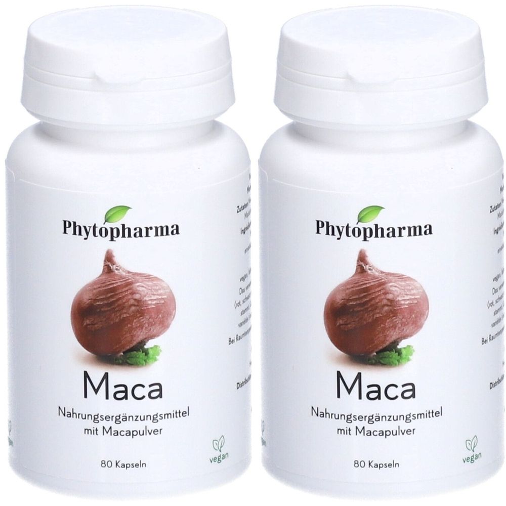 Deux flacons blancs avec l'étiquette PHYTOPHARMA Maca. Inscription : Complément alimentaire avec poudre de maca. 80 gélules. Vegan.